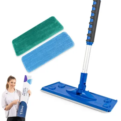 A woman is holding a product box next to a mop set.