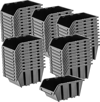 A stack of black plastic storage bins on a white background.