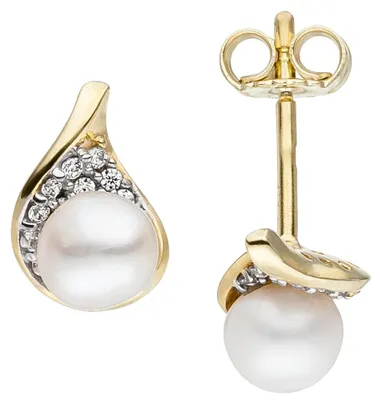 Produktbild von Ohrstecker weiße Süßwasser-Perlen Zirkonia 375 Gold Gelbgold Ohrringe Ohrschmuck