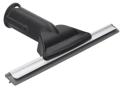 A close-up studio shot of a black and silver window cleaning squeegee attachment.