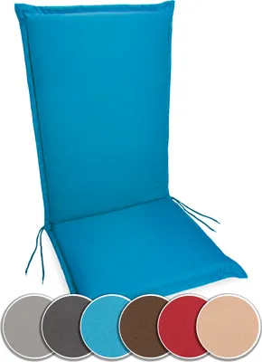 A blue high-back chair cushion is shown against a white background, with swatches of other available colors displayed below.