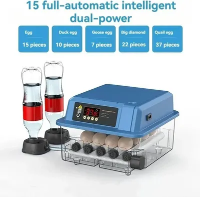Immagine prodotto di Incubatrice automatica per uova - Incubatrice da 15 uova - Ribaltamento automatico - Regolazione digitale della temperatura - Doppia alimentazione 12 V/220 V - Per uova di gallina, anatra, quaglia e oca