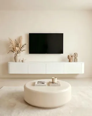 Imagen del producto de Mueble de TV suspendido, 140 cm, blanco, con LED y 2 cajones