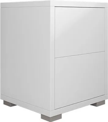 A white bedside table with two drawers.