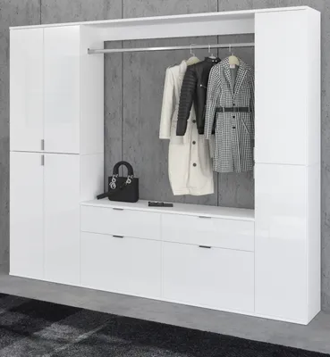 Produktbild von Garderobenschrank "SystemX" in weiß Hochglanz Garderoben-Set komplett, 212 x 193 cm mit variabler Inneneinteilung