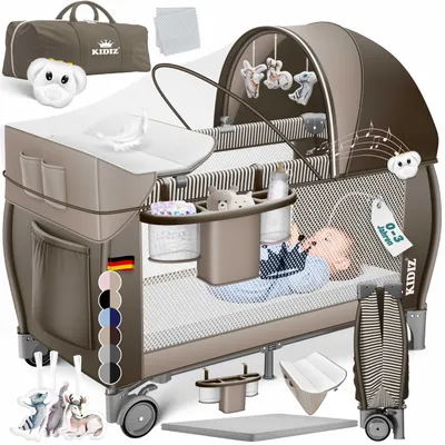 Produktbild von KIDIZ® Babybett Reisebett Kinderreisebett Faltbar mit Matratze 120x60, Seiteneingang, Wickelauflage, Mosktionetz, Spielbogen & Tragetasche Baby Beistellbett Kinderbett ab Geburt bis 15 kg