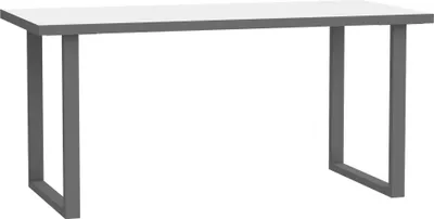 Schreibtisch KEFLAVIK 160 cm in Weiß und Grau mit rechteckiger Platte und zwei U-förmigen Metallbeinen, Gesamtansicht.