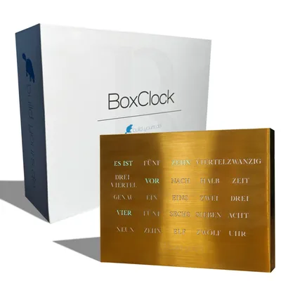 Produktbild von BoxClock Golden Steel Edition – Wortuhr für Tisch & Wand – goldene Stahlfront matt gebürstet – WLAN & App Steuerung – 16M Farben – Design Stuttgart