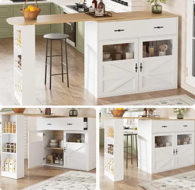Produktbild von Ausziehbarer Bartisch mit Stauraum(138-204×39×104cm) , 360° drehbare Essbar,Moderner Beweglicher Bar Table,Hochtisch Kücheninsel Bistro Table, Sideboardschrank mit Regalen, weiß