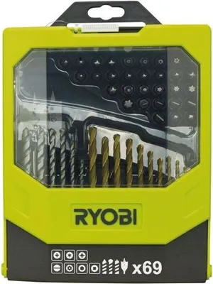 Obrázek produktu pro Sada příslušenství RYOBI, 69 dílů, vrtáky do dřeva, betonu a kovu, 43 bitů 25 mm, držák bitů, RAK69MIX
