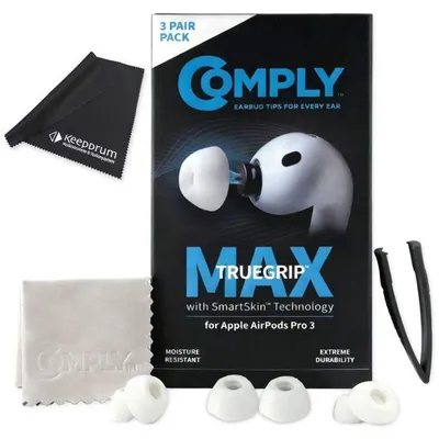 Image de Bouchons d'oreille Comply TrueGrip MAX pour AirPods Pro 3, blanc mélangé, avec chiffon