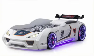Immagine prodotto di Design Autobett per cameretta: lussuoso letto a forma di automobile, bianco, con luci LED