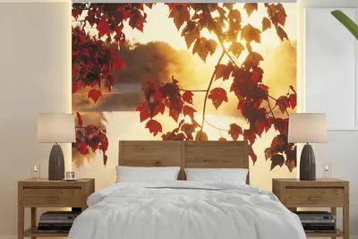 Produktbild von MuchoWow® Fototapete für Wohnzimmer oder Schlafzimmer Wandtapete Vinyl Motivtapete Baum - Rot - Herbst - 300x300 cm - Wanddekoration
