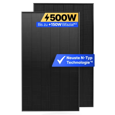 Produktbild von Solakon® Solarpanel 500W Bifazial Glas-Glas N-Type – Solarmodul Full Black 40V für Balkonkraftwerk / Photovoltaikanlage (1 Stück)