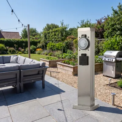 Produktbild von Energiesäule Edelstahl mit Timer 2-fach Verteiler 43,5 cm außen Terrasse Steckdosensäule