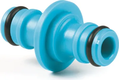 A close-up studio shot of a blue plastic hose connector with black O-rings.