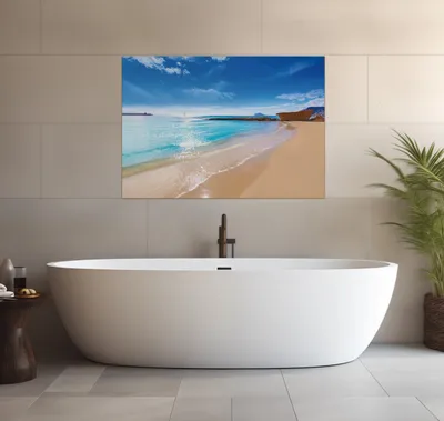 Produktbild von Wallario wasserfestes Poster selbstklebend 70 x 100 cm, Traumstrand unter blauem Himmel, Badezimmerposter Spritzschutz mit Hochglanzoberfläche in Glasoptik