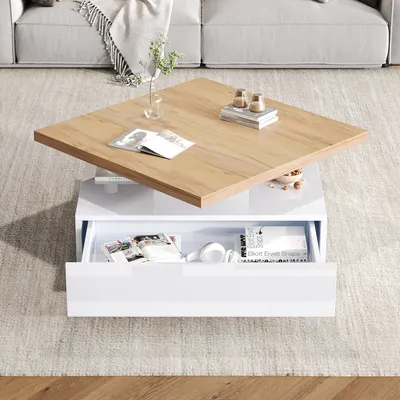 Produktbild von okwish Couchtisch, Multifunktionale quadratische 360° schwenkbare Kaffeeschublade, weißer Hochglanz 2-stufiger mittig schwenkbarer Tisch und Aufbewahrungsschrank, Nussbaum-Spanplattenrahmen für Wohnzimmer und Beistelltisch, Weiß
