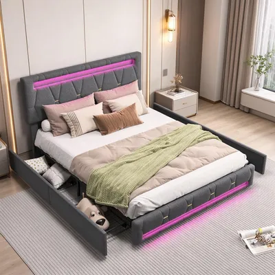 Produktbild von INONEFT Polsterbett 160x200cm mit 4 Schubladen, höhenverstellbarem Kopfteil, Doppelbett mit LED und Lattenrost, Funktionsbett Stauraumbett aus Leinen
