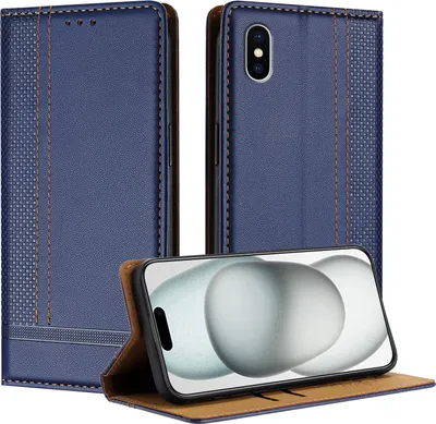 Produktbild von Handyhülle für iPhone XS /iPhone X Leder Flip Klappbare Schutzhülle mit Standfunktion Blau