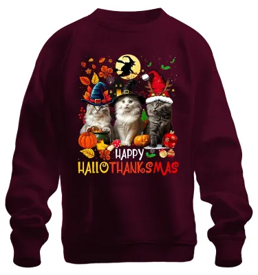 Produktbild von Happy Hallothanksmas Katzen Kürbis Hexenhut Weihnachten Sweatshirt Pullover, Burgundy, XXL