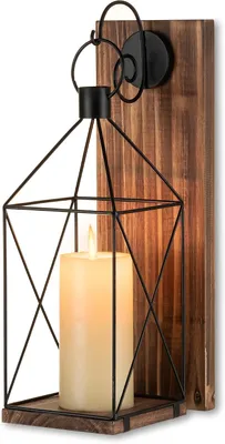 Productafbeelding van Houten wandkaarsenhouder, wandhouder, lantaarn: set van 2, 40 cm, kandelaar, wanddecoratie, bruin, voor woonkamer, hal, open haard, muur, kaarshouder