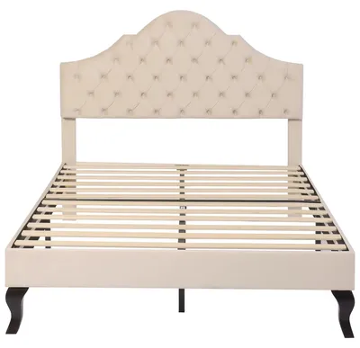 Imagen del producto de Estructura de cama - Cama de madera con somier - 140 x 190 cm - Cabecero con altura ajustable - Tapizado en terciopelo - Color beige
