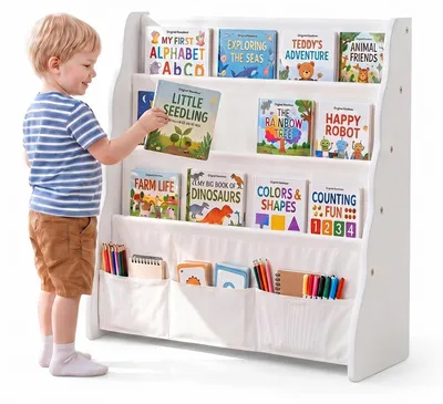 Produktbild von COSYLAND Bücherregal Kinder mit 4 Stofffächern, Wellenform für mehr Ordnung