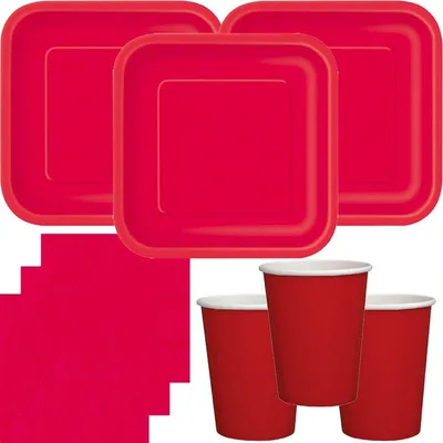 Produktbild von Party Deko Set Rot Einweggeschirr für 14 Personen Teller, Becher, Servietten