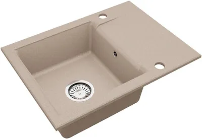 Produktbild von VBChome Granitspüle Beige 59 x 44 cm Einzelbecken Einbauspüle Reversibel Gesprenkelt Pflegeleichtes Spülbecken mit Siphon Ideal für kleine Küchen