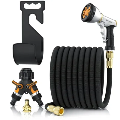 Immagine prodotto di Tubo da giardino flessibile Brandson 5-15 m, tubo flessibile, tubo per l'acqua, 9 ugelli multifunzione, set composto da tubo da giardino, doccetta da giardino, raccordo a 2 vie, supporto da parete, 3/4" - 1/2"