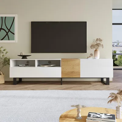 Zdjęcie produktu dla Biały stojak na telewizor o wyglądzie drewna, 180 x 50 x 38 cm, minimalistyczny design