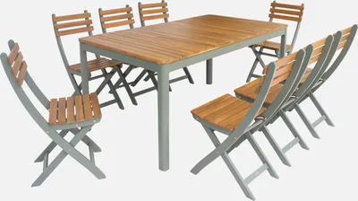 Immagine prodotto di Set tavolo da giardino in acacia con angoli arrotondati con 8 sedie, Verde kaki