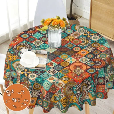 Zdjęcie produktu dla Obrus okrągły, 150 cm, odporny na warunki atmosferyczne, łatwy do czyszczenia, poliester, styl boho, marokański, do użytku na zewnątrz