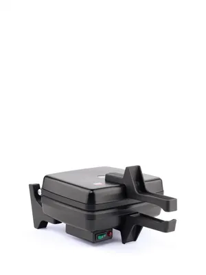 A black waffle maker is shown against a white background.