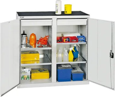 Produktbild von Werkzeugschrank mit 2 Türen | HxBxT 100x100x50cm | 2 Schubladen & 4 verzinkte Fachböden | Lichtgrau/Lichtgrau
