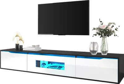 Zdjęcie produktu dla Szafka pod telewizor Fortuna Lai, wysoki połysk, 180 cm, czarno-biała, z oświetleniem LED USB, nowoczesna szafka pod telewizor z montażem na ścianie, szafka pod telewizor z oświetleniem zmieniającym kolor do salonu