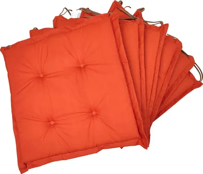 A set of orange seat cushions fanned out against a white background.