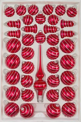 Produktbild von 39 tlg. Glas-Weihnachtskugeln Set in Hochglanz Rot Candy Silberne-Spiralen
