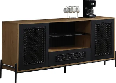 Produktbild von SalesFever Sideboard mit Polyrattan | 2 Türen, 1 Schublade, 2 offene Fächer | MDF natur | Gestell Metall schwarz | B 164 x T 43 x H 76 cm