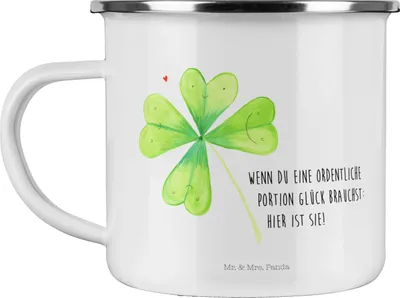 Produktbild von Mr. & Mrs. Panda Motivtasse Blume Kleeblatt - Weiß - Geschenk, Glück, Pott, Umzug, Emaille Tasse, Kleeblätter, Garten, Glücksbringer, Kaffeepott, becher, Motivation