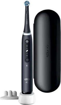 A black Oral-B iO 5 electric toothbrush and its charging case are displayed on a white background.