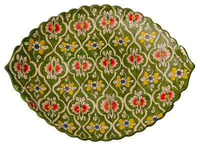 Produktbild von Lagan Rishtan Servierteller 43 x 32,5 cm Keramik blattförmig Muster (Grün) - Usbekischer Keramikteller mit handbemaltem Design