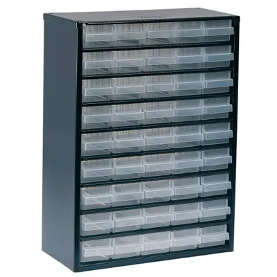 Produktbild von raaco Kleinteilemagazin Stahlmagazin 945-00 B.306xT.150xH.417mm 45Schubl. Stahlblech dkl.-blau/transp./Schubl.a.PP