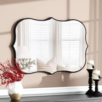 Image de Miroir mural asymétrique, 90x60 cm, cadre en bois noir, décoratif