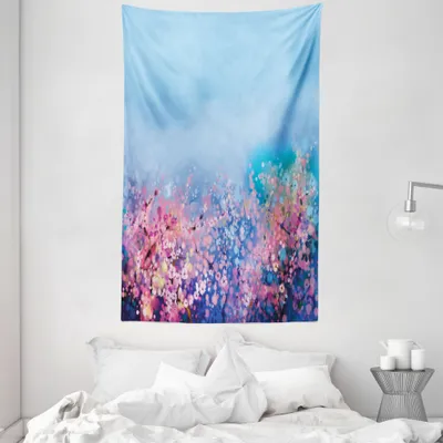 Produktbild von ABAKUHAUS Blumen Wandteppich und Tagesdecke, Retro Cherry Blossom aus Weiches Mikrofaser Stoff Waschbar ohne Verblassen Digitaldruck, 140 x 230 cm, Pink Blau