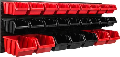 Obrázek produktu pro Skladovací systém Dílenské regály | 115 x 39 cm | 25 ks. Box | Nástěnné regály se stohovatelnými boxy – Nástěnné desky Extra silné regály s přihrádkami Nástěnné regály pro nářadí Skladové regály Garážové regály