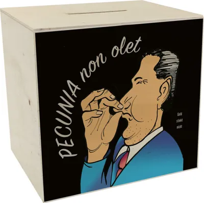Produktbild von Pecunia non olet Spardose aus Holz in Schwarz zum Thema Geld
