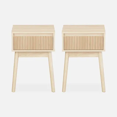 Two identical wooden nightstands are shown against a plain white background.