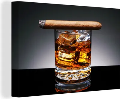 Produktbild von MuchoWow® - Leinwandbilder - Whiskey - Zigarre - Glas, Wandbild, Wanddeko Bilder Wohnzimmer, 90x60 cm